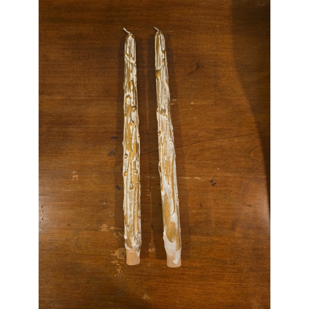 Pair VTG Mid Century 12" Faux Melting Wooden Taper Candles Gold/White Drippy - Picture 5 of 7